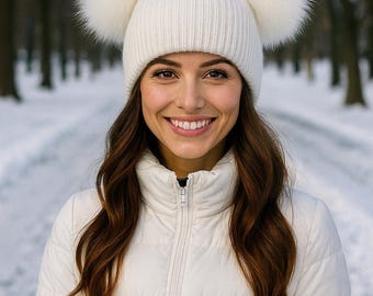 SALE!Knitted Angora Women Winter Hat/Beanie with Real OR Faux Fur Double Removable Pom Poms in White color. Double Pom Pom Hat