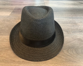 SALE!Personalized Custom Adult Straw Fedora/Trilby Hat. Black Unisex Sun Hat. Men Fedora Hat. Women Fedora Hat. Straw Summer Hat