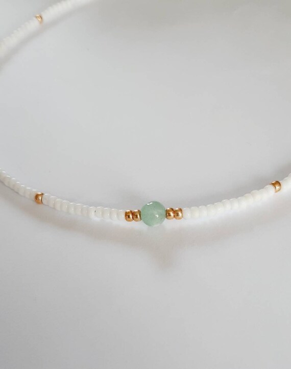 Beaded Necklace White Seed Bead Necklace Aventurine or Rose Quartz