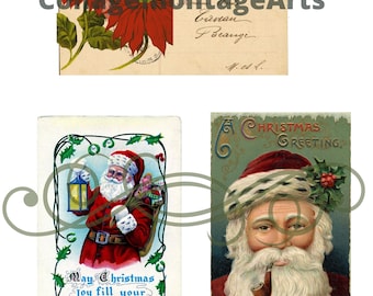 May include: A collection of vintage Christmas postcards. One features a poinsettia, another Santa Claus with a lantern and a bag, and the third shows Santa with a pipe. The postcards have aged paper and classic holiday designs.