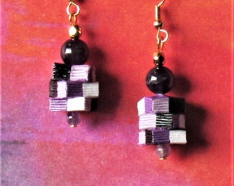 Quilled Paper Earrings, Purple White Black, Gold Plated Wires