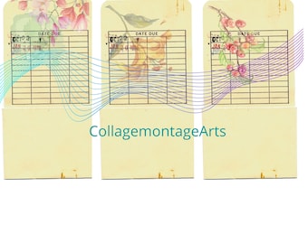 May include: Three vintage style blank cards with floral designs and a grid pattern. The cards have the text "DATE DUE" and "OCT 03" printed on them. The cards are separated by a wavy line pattern.