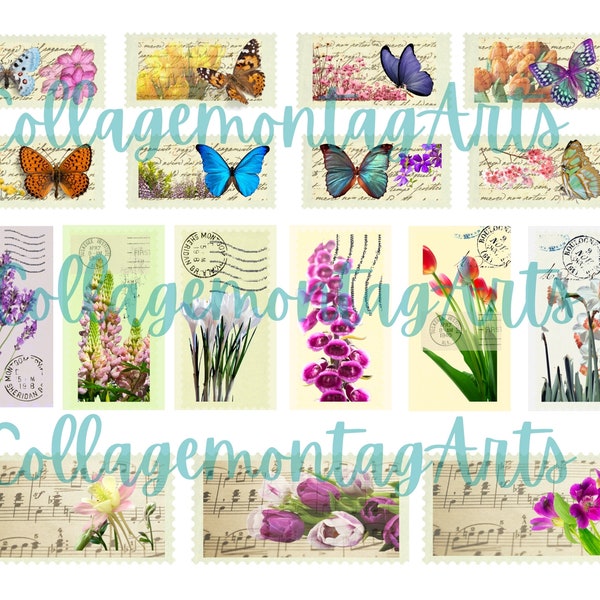 Digital Spring faux stamps, faux butterfly stamps, faux flower stamps, printable faux stamps, journal stamps, ephemera, embellishments