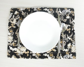 Floral Quilted Cotton Placemat: Black & Neutral Dining Table Decor
