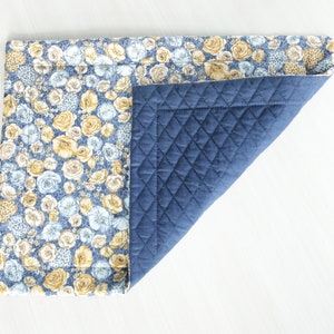 Blue & Yellowish Brown Mini Flowers Quilted Placemat | Poppies, Roses, floral fabric placemat, Spring flowers, washable, flower farm