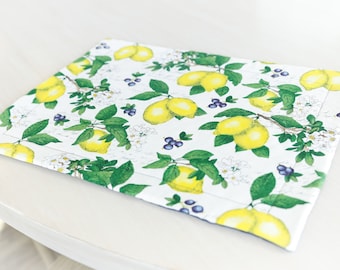 Lemon Branches Quilted Placemat, Lemons, Spring placemat, fabric placemat, Spring decor, Lemon Trees, dining, table setting, blueberries