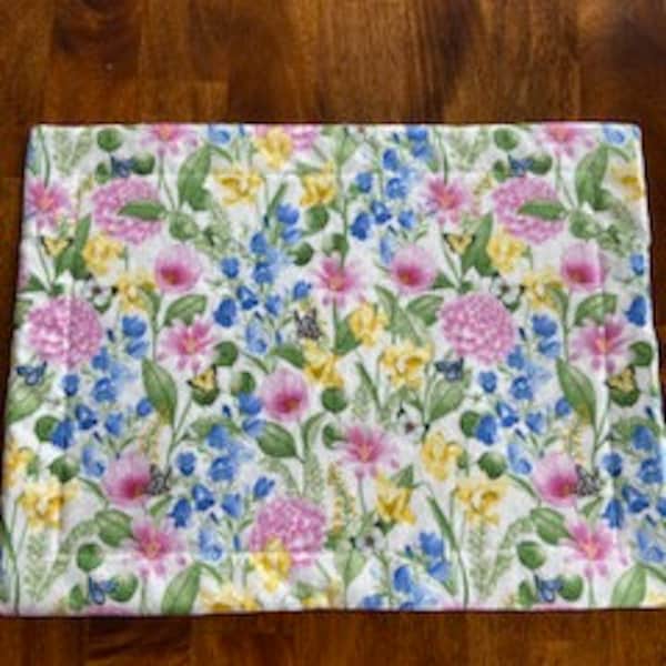 Flowers & Butterflies Quilted Placemat | Yellow, Blue, Pink flowers with an accent of butterflies, fabric placemat, washable placemat
