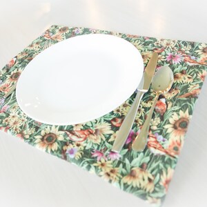 Sunflowers & Birds Quilted Placemat, sunflowers, birds placemat, fabric placemat, dining decor, flowers, birds, green grasses, dinner