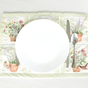 Flower Garden Pots Quilted Placemat | Spring placemat | fabric placemat | Spring decor | pots of flowers | butterflies and birds | gardening