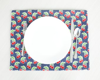 Cherry Bunches Quilted Placemat | Cherries Placemat, Cherry Farm, Kitchen Table Setting, Navy Cherry Placemat, Farmhouse Placemat, Cherry