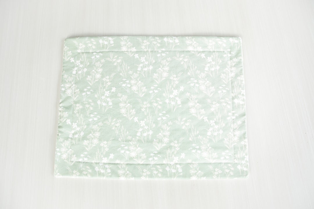 White Flowers on Mint Quilted Placemats Floral Placemat, Dinner