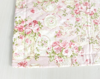 Roses and Teacups Quilted Placemat: Pink Floral Cotton