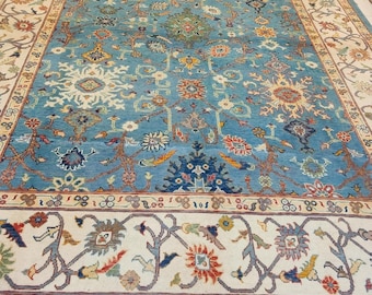 10x14 ft Blue Oushak Rug Hand-Knotted Wool Large Floral Oriental Carpet, Handmade Turkish-Style Boho Living Room Decor, Size 10'1" x 13'5"