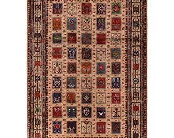7x9 ft Brown Hand-Knotted Wool Rug  Floral Afghan Carpet | New Tribal & Traditional Design | Handmade Wool Afghan Area Rug 6'5x9'3