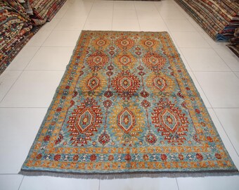 5x8 ft Blue Hand Knotted Afghan Oushak Rug, Floral Wool Area Rug,  Rectangle Oriental Carpet for Living Room Home Decor 5'9"x7'8