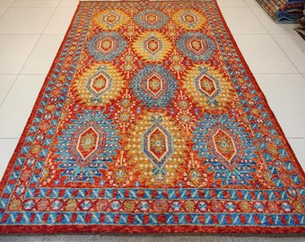 6x8 ft Hand Knotted Afghan Oushak Rug, Multi Color Floral Wool Area Rug, Rectangle Modern & Handmade Carpet for Living Room Decor 5'8"x8'0