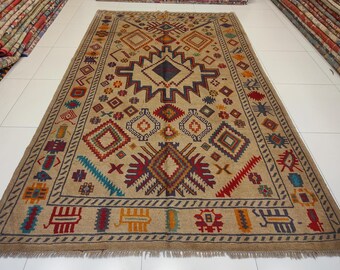 7x10 ft Beige Kohistani Floral Rug – Hand-Knotted Afghan Wool Carpet  | Traditional Afghan Handmade Rug | Wool Area Decor 6'8x9'9