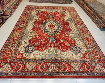 9x11 ft Red Rug Hand-Knotted Traditional Medallion Design Wool Carpet, Large Handmade  Area Decor for Living Room - 8'5"x10'11"