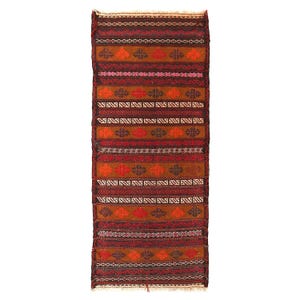 May include: A rectangular, hand-woven rug with a repeating pattern of horizontal stripes in shades of red, brown, and orange. The rug features geometric designs and a fringed edge. The rug is approximately 60 inches long.