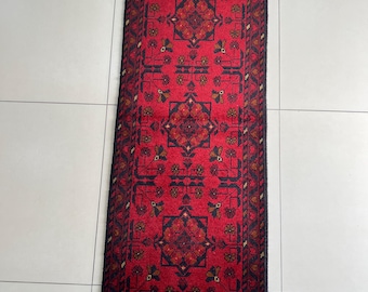 Alfombra de pasillo Khal Mohammadi roja de 1,5 m, anudada a mano en lana, nueva alfombra geométrica rectangular, decoración tribal afgana para pasillo en rojo intenso.