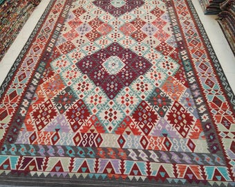 10x16 Oversize Handwoven Kilim Rug, Blue Green Terracotta,Flatweave Geometric Rug ,Afghan Area Wool Rug,Living Room Rug,Bedroom decor Rug