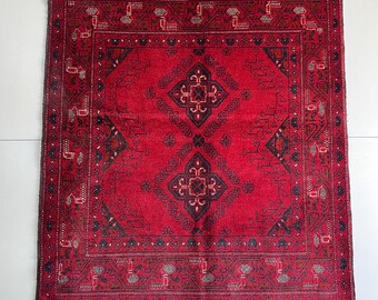 3x5 Afghan Red Khal Mohammadi Rug – Hand Knotted Wool Carpet Geometric Oriental Rug, Traditional Area Rug Decor, Bedroom rug, 3'7" x 4'6