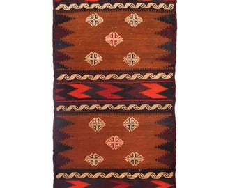 5 ft Orange Hand-Knotted Wool Table Runner,  Kilim Runner Sheet Rug, Modern Boho Dining Decor  Rug