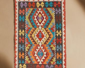 Tappeto Kilim tessuto a mano - Tappeto geometrico tribale multicolore, Tappeto in lana Boho a trama piatta, Tappeto etnico in stile sud-occidentale, Piccolo tappeto Boho