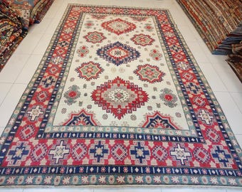 8x12 ft Ivory Hand-Knotted Rug - Traditional Medallion Design Wool Cotton Carpet, Large Handmade Tribal Area Floor Decor  8'4x12'2