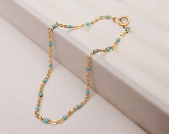 Lola Gold Bracelet with Blue Enamel, Turquoise Chain Bracelet