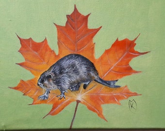 Canada Beaver Oil Painting for sale on Canvas, Maple Leaf design