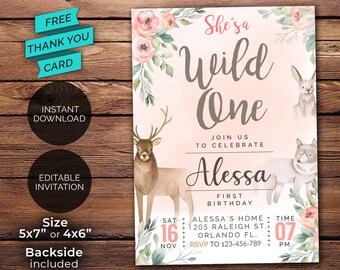 Pink and Cream Floral Wild One Girl Birthday Invitation