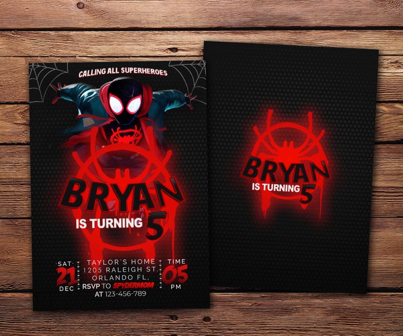 Spiderman in to the Spiderverse Birthday Invitation Miles Morales Birthday Invitation free Thank you Card image 3