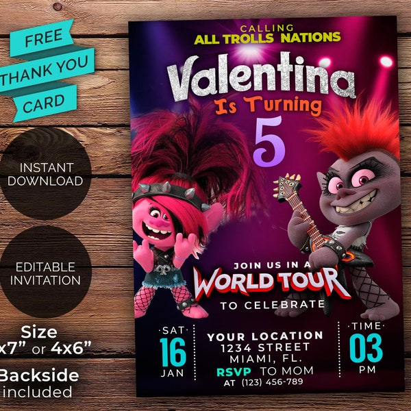 Trolls 2 world tour Birthday Invitation