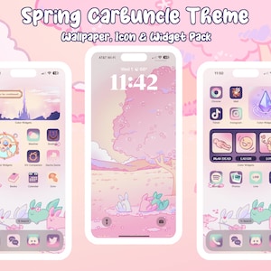May include: A pink and white phone wallpaper with a cartoon landscape featuring a pink tree, a blue sky, and white clouds. The wallpaper is part of a spring carbuncle theme pack that includes icons and widgets.