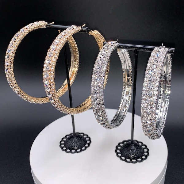 Back In Stock and on Sale! Triple BLING BLING and More BLING Thick Shiny Cubic Zirconia Gold and Silver Hoop Earrings