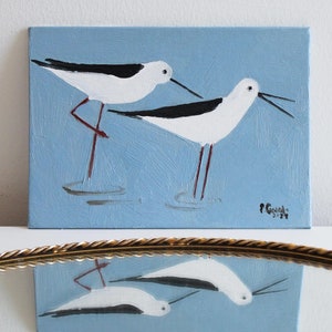 Stilt Oil Painting Original Bird Art Coastal Artwork Seascape Painting Blackwinged Stilts Artwork Mini Painting by Eugenia Ciotola