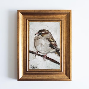 Sparrow Oil Painting Bird Artwork Bird Wall Art Oil Painting of Little Cute Bird Animal Painting Birds Lovers Gift 4 by 6 by Eugenia Ciotola