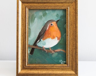 Robin Bird Painting Original Oil Small Artwork Little Birds Art Bird Lover Gift