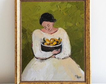 Woman with Lemons Oil Painting: Semi Abstract Contemporary Portrait Art