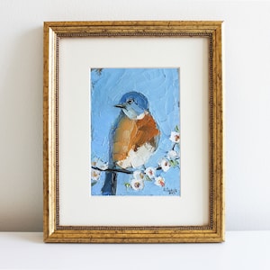Bluebird Painting Original Oil Art Bird Wall Art Bluebird Miniature Art Little Cute Bird Painting Bird Lover Gift