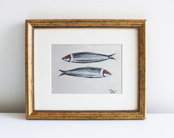 Sardines Painting: Small Original Oil, French Country Kitchen Art