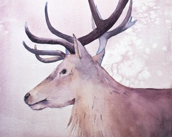 Original Deer Watercolor Painting: Stag Art, Boho Style