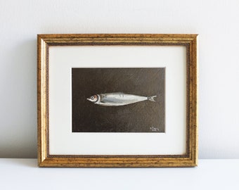 Sardine Painting: Small Original Oil Art, Coastal Farmhouse Decor