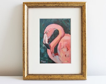 Flamingo Painting Original Oil  Tropical Bird Art Flamingo Wall Art Flamingo Miniature by Eugenia Ciotola
