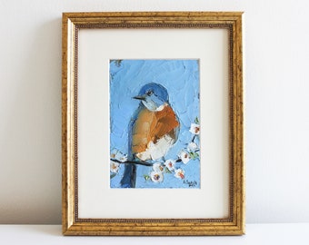 Bluebird Painting Original Oil Art Bird Wall Art Bluebird Miniature Art Little Cute Bird Painting Bird Lover Gift