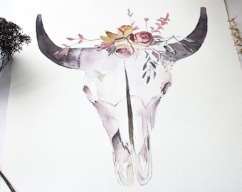 Floral Bull Skull Watercolor Painting: Boho Tribal Art (11x14 inches)