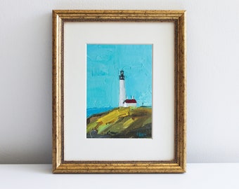 Lighthouse Painting Oil Original Art Watercolor Small Landscape Yaquina Head Nautical Artwork by Eugenia Ciotola