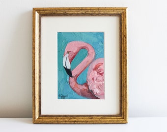 Flamingo Oil Painting Original: Tropical Bird Art, Miniature Canvas