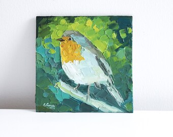 Robin Bird Painting Original Oil Painting Small Artwork Little Bird Art Little Bird Mini Canvas Painting Bird Lover Gift For Bird Lovers